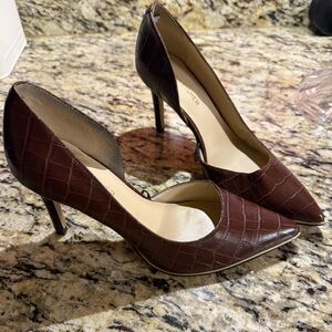 Marc Fisher Dark Brown Croc-Embossed Pointed Toe Heels